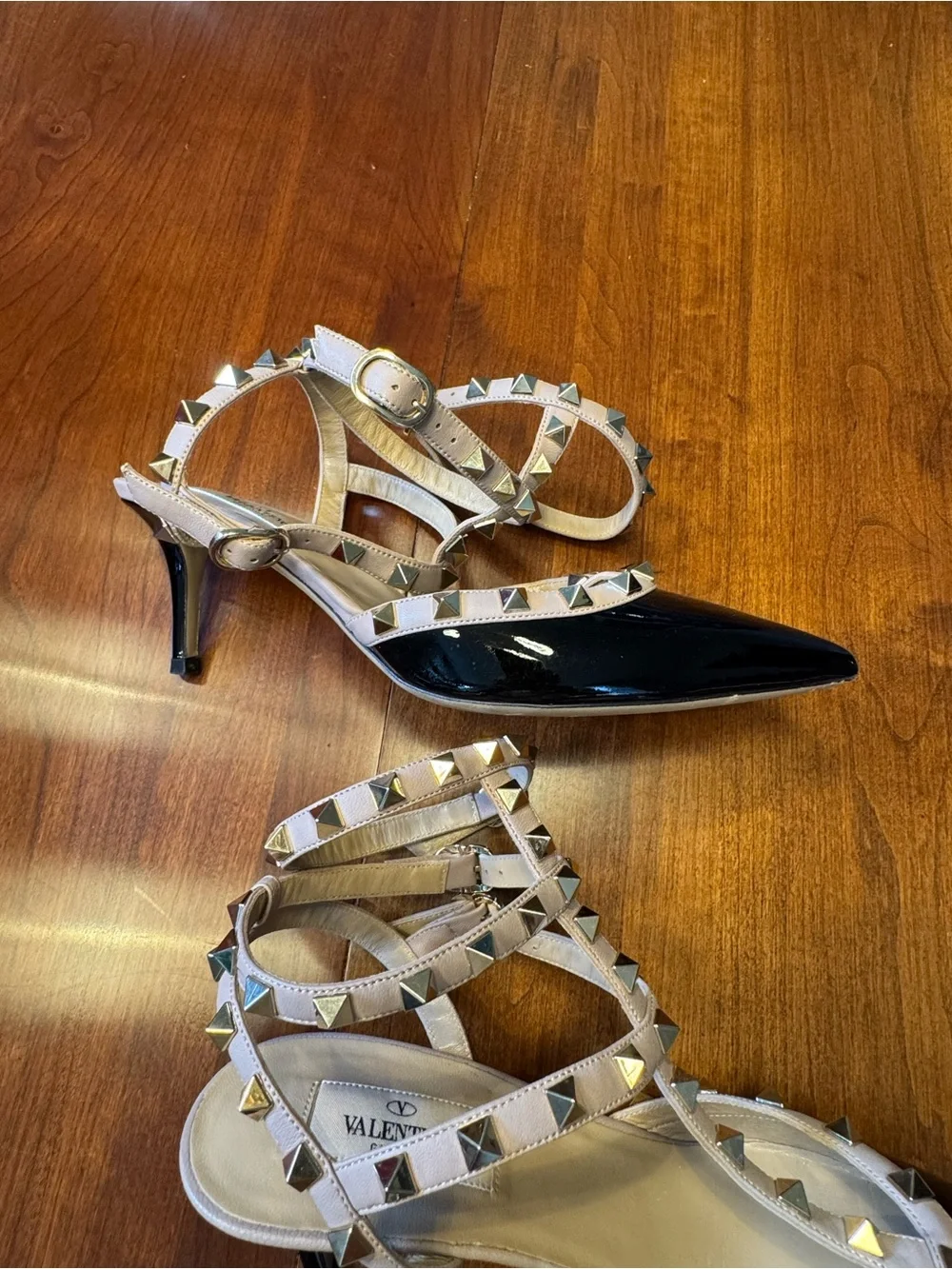 Valentino Rockstud Black Patent Pointed-Toe Ankle-Strap Heels